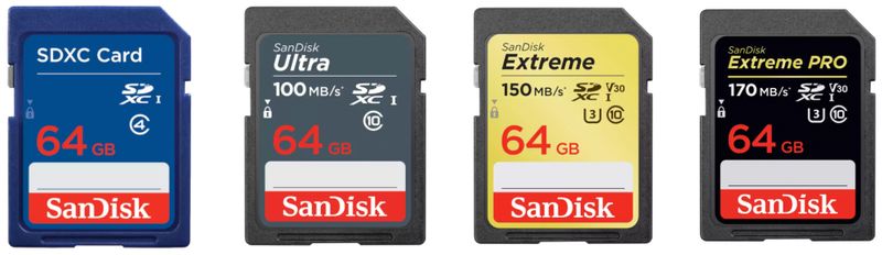 Leistungsvergleich der SanDisk SD-Karten: SanDisk < SanDisk Ultra < SanDisk Extreme < SanDisk Extreme Pro